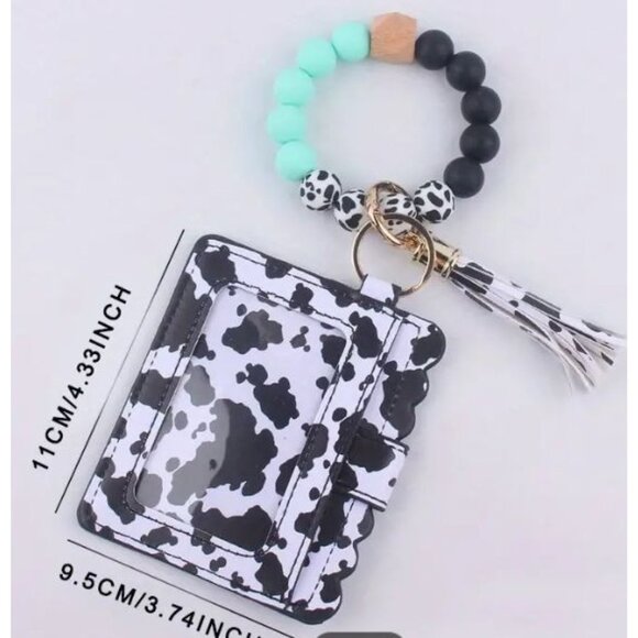 Cow Print ID & Card Holder With Gray Accent Beads Wallet/Wristlet/Keychain NEW - Picture 2 of 2